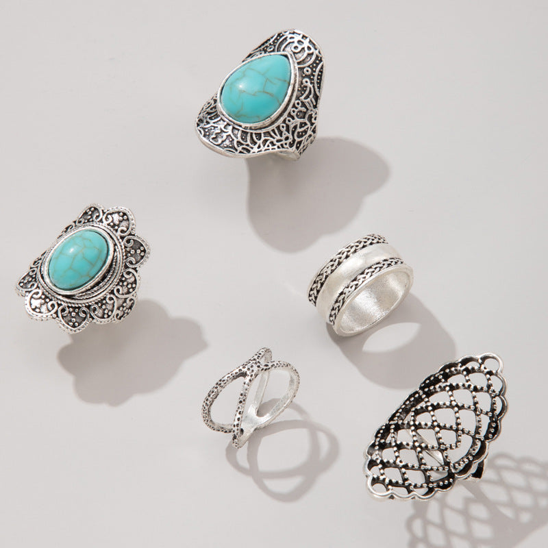 Wholesale 2 Sets turquoise cross 5pcs/set ring suit wide-brimmed ring